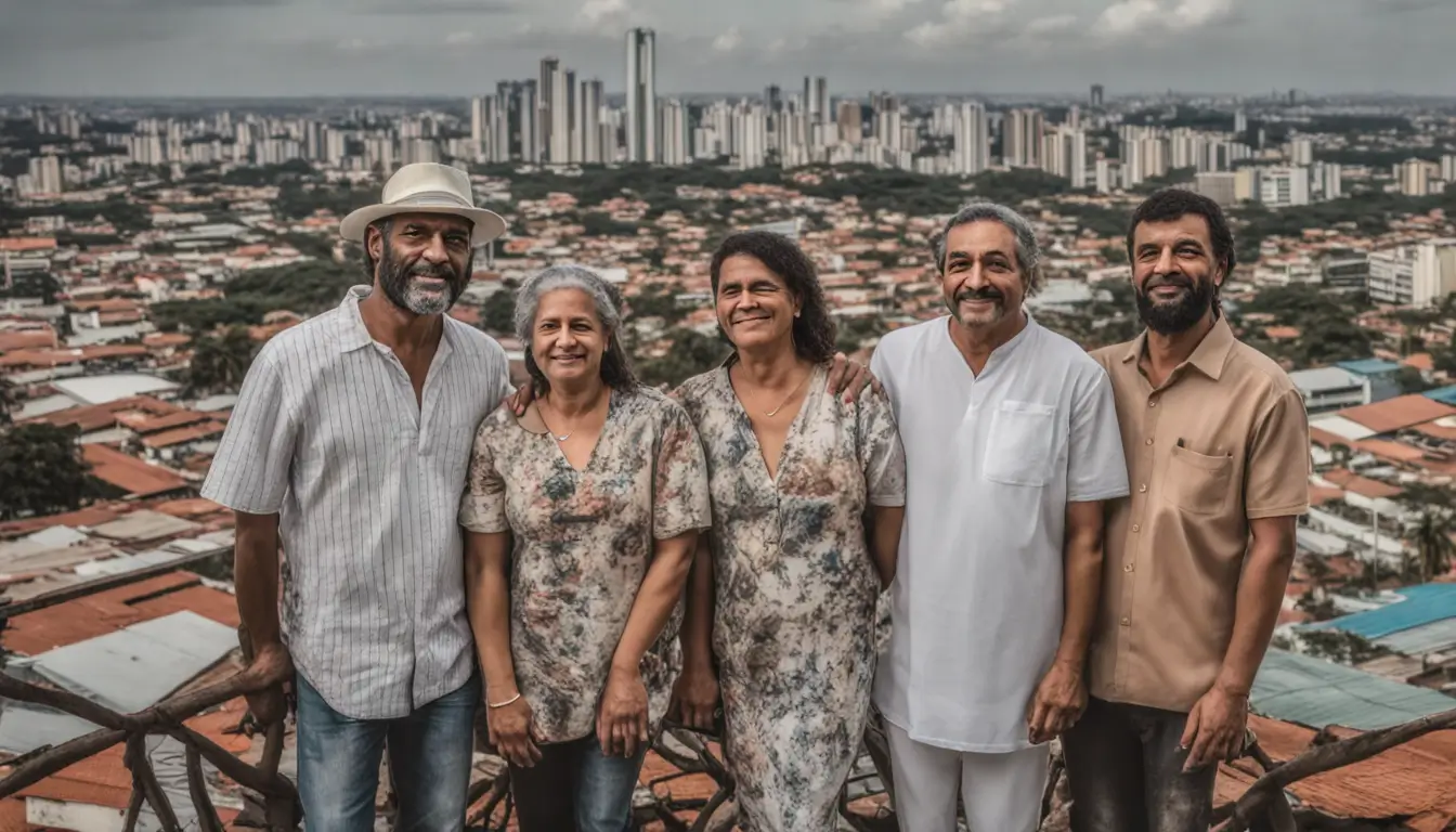Família feliz segurando plano de saúde da Hapvida com o skyline de Goiânia ao fundo, simbolizando a escolha de saúde para famílias.