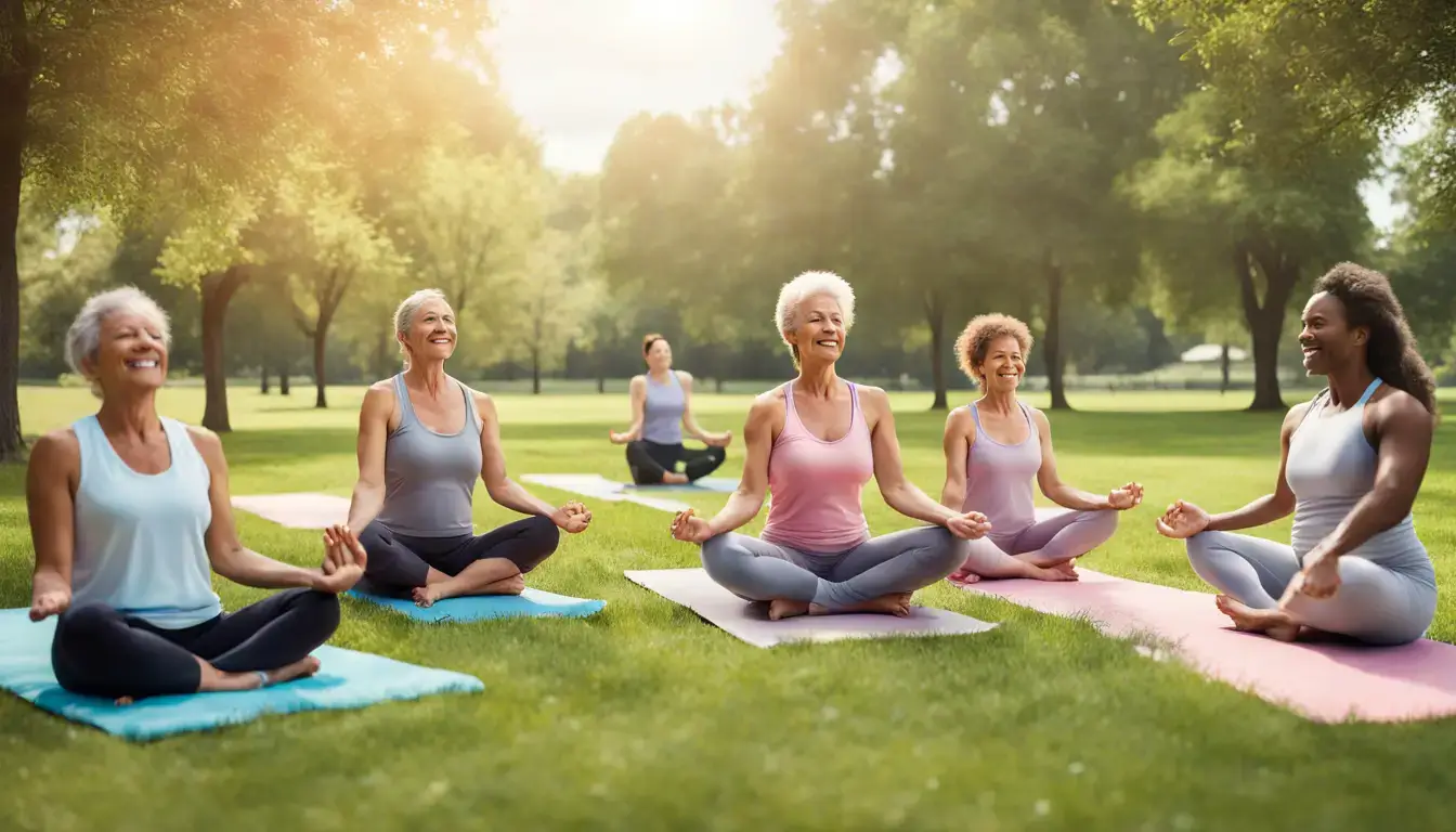 Pessoas acima de 40 anos praticando yoga ao ar livre, demonstrando os benefícios do Plano de Saúde Hapvida.