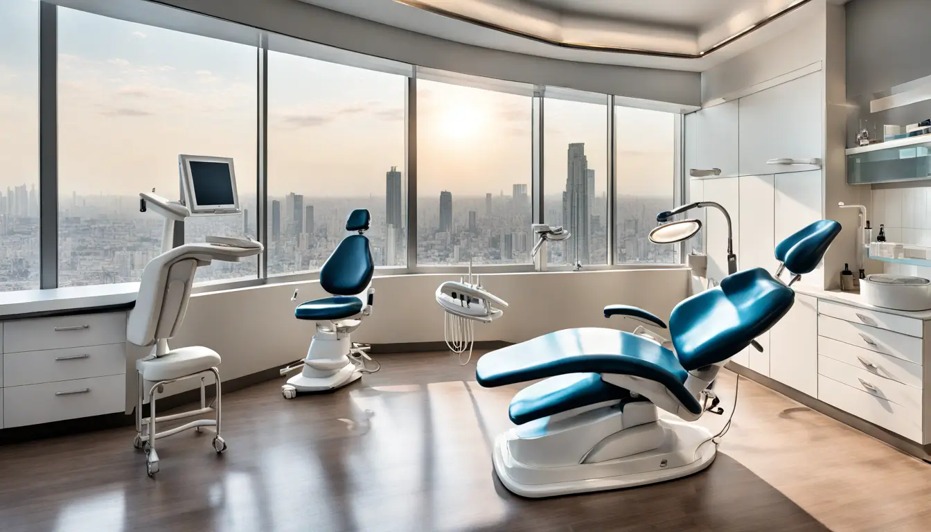 Consultório odontológico moderno em São Paulo com vista panorâmica da cidade, destacando cadeira odontológica e dentista atendendo paciente sorridente.