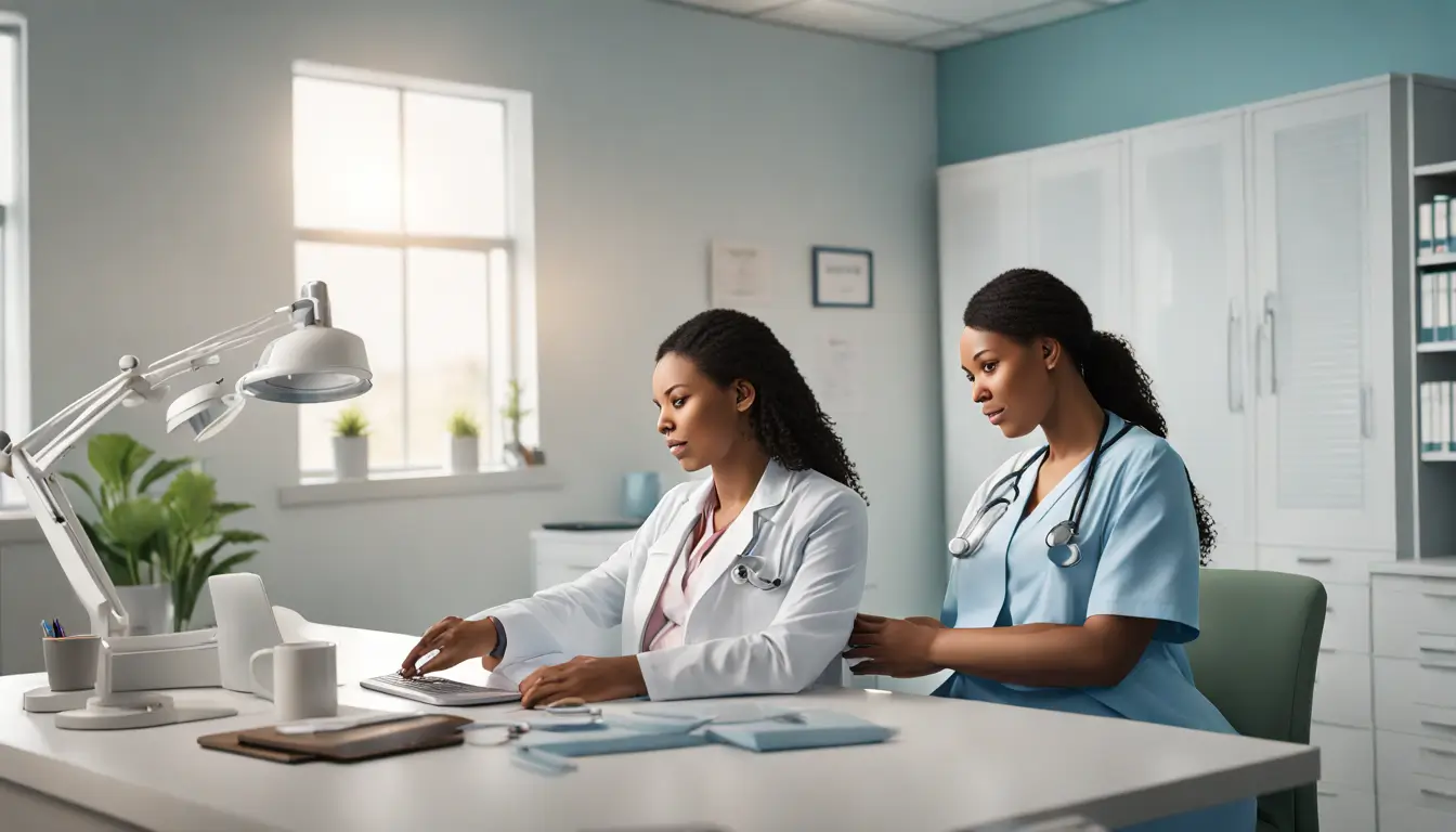 Gestante sendo consultada por médica em um consultório moderno e bem iluminado, destacando a cobertura do plano de saúde Hapvida/NDI.