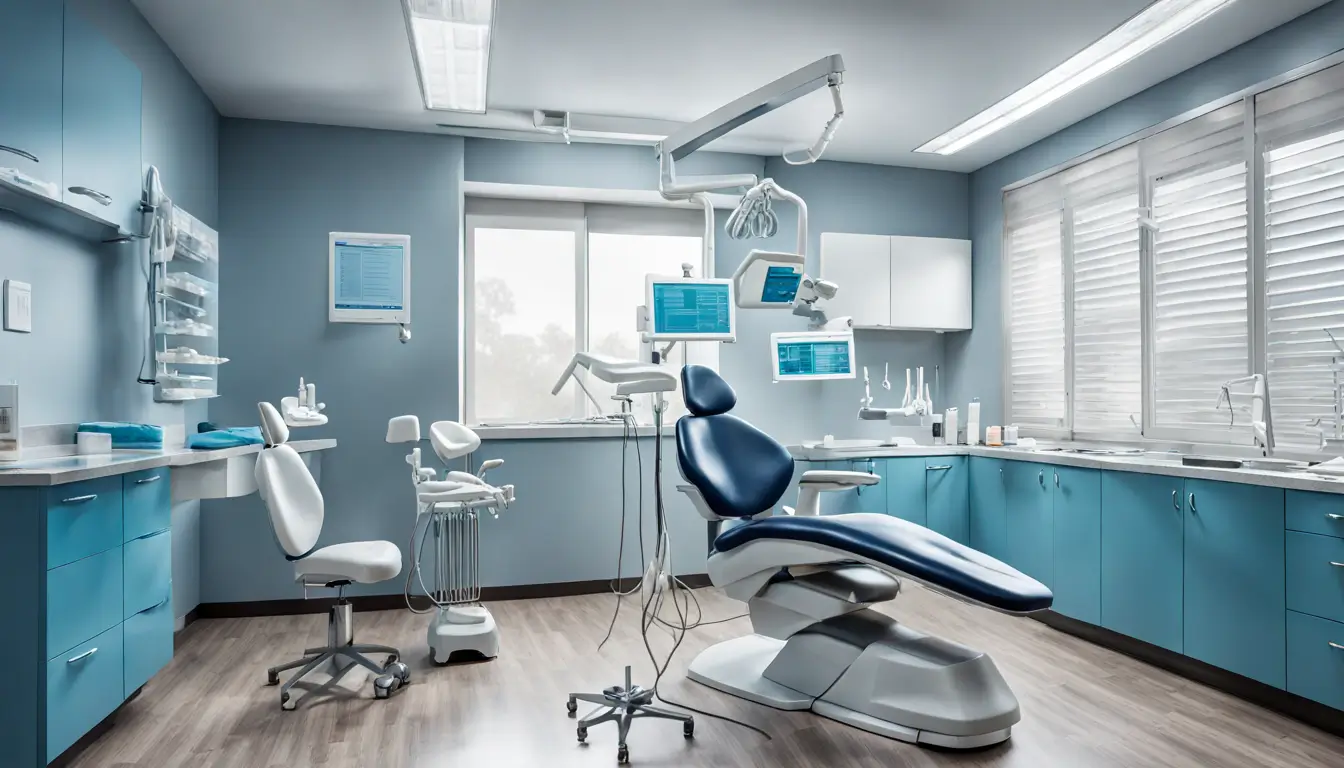 Paciente adulto recebendo cuidados dentários de um dentista em um consultório moderno e bem iluminado, representando os planos odontológicos Hapvida.